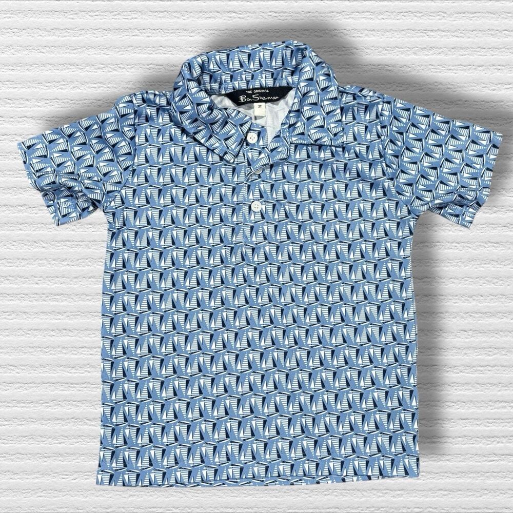 Ben Sherman Kids 2T Polo Shirt – Sailboat Allover Print – Blue & White